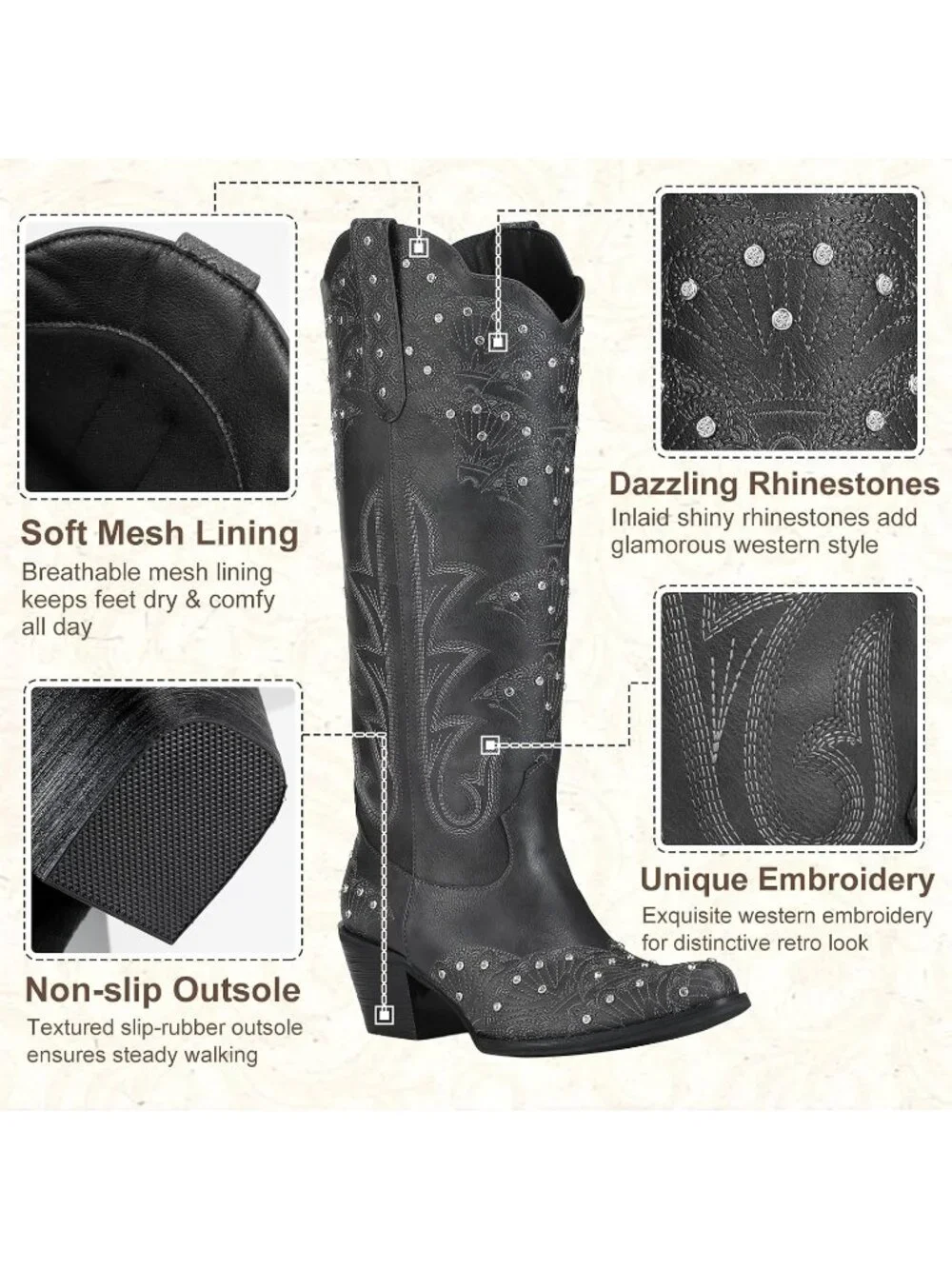 Women's Black Durable 3D Rhinestone Knee High Sparkly Embroidery Western Boots